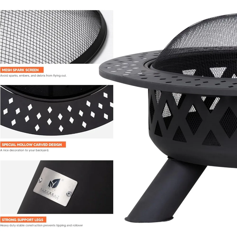 حفرة نار كبيرة مستديرة لحرق الخشب في الهواء الطلق مع سطح طاولة أوسع، وشاشة شرارة، وبوكر النار، ونمط فومبس #5