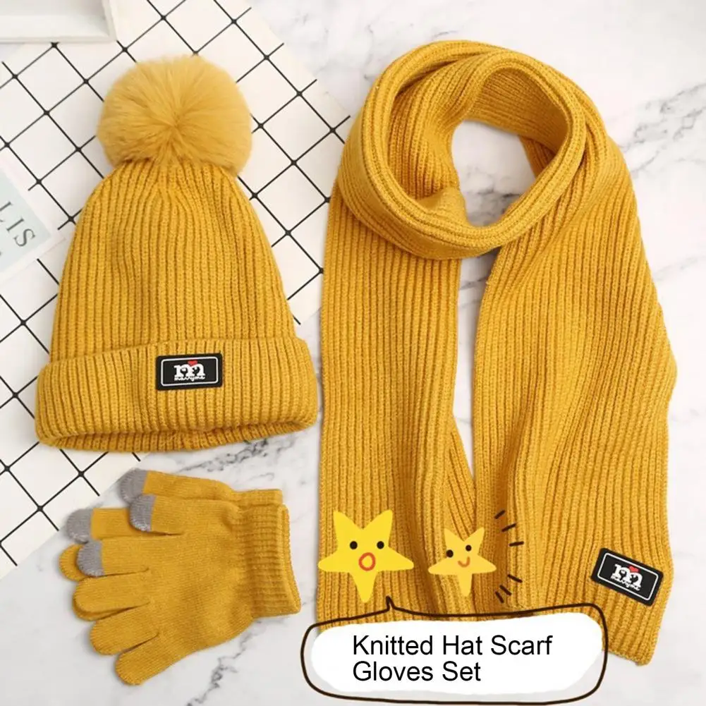 Knitted Hat Scarf Gloves Set Kids Winter Accessories Set Hat Scarf Gloves Plush Ball Decor Knitted Windproof Warm Boys Girls