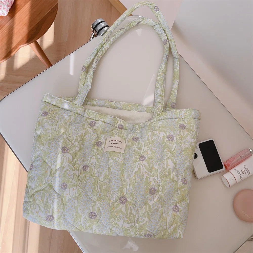 All-Match Polyester Flower Cotton Tote Bag Canvas Thickened Sweet Floral Handbag Portable Zipper Cloth Shoulder Bag School