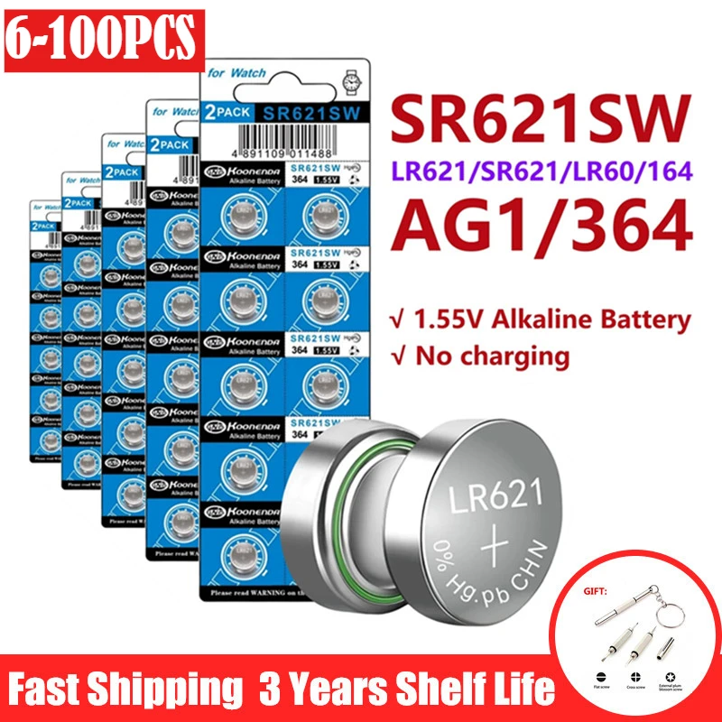 

6-100 шт. AG1 SR621SW аккумулятор для часов, долговечные и герметичные, высокая емкость, оксид серебра, 1,55 В, кнопочные батарейки для часов