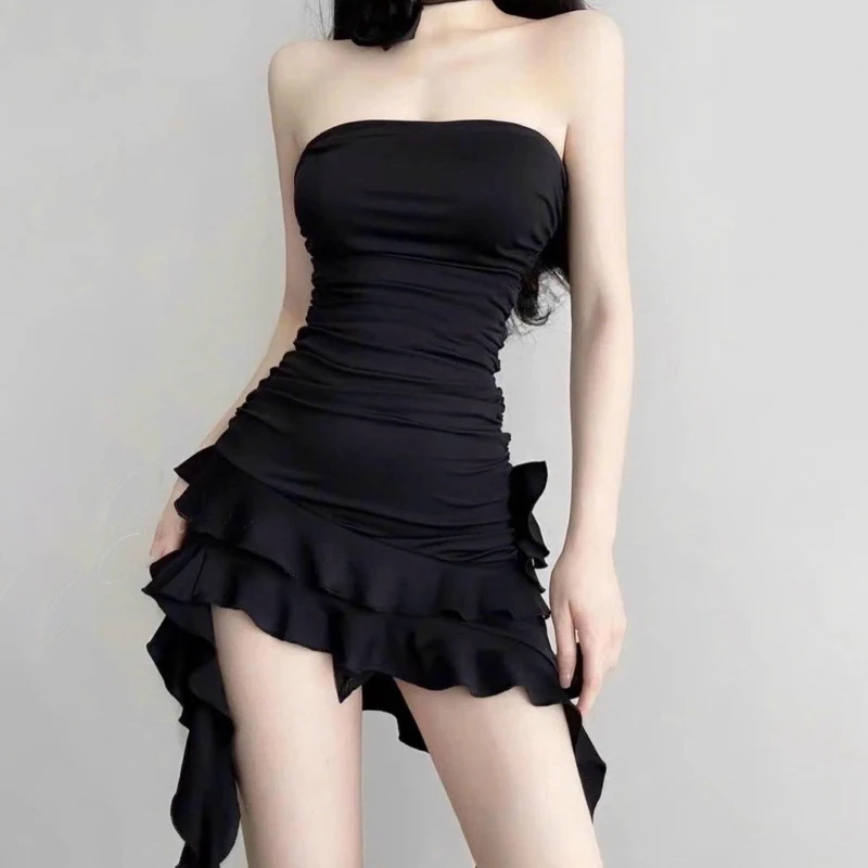 Sexy Irregular Strapless Black Dress Women Summer Backless Ruffles Dresses