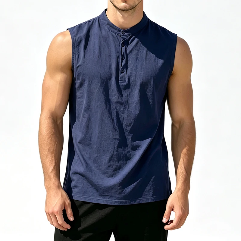 2026 New Men Linen Mandarin Collar Sleeveless Henley Tank Top Loose Fit Beach Resort Travel Daily Outdoor Vacation Casual Vest