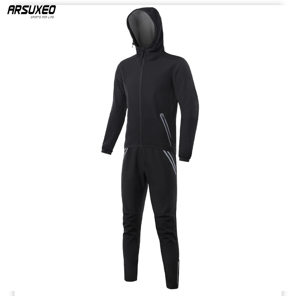 ARSUXEO Cycling Sports Set Winter Thermal Bicycle Jacket Clothes Pants Gym Suit Jumpsuits Windproof MTB Bike Men