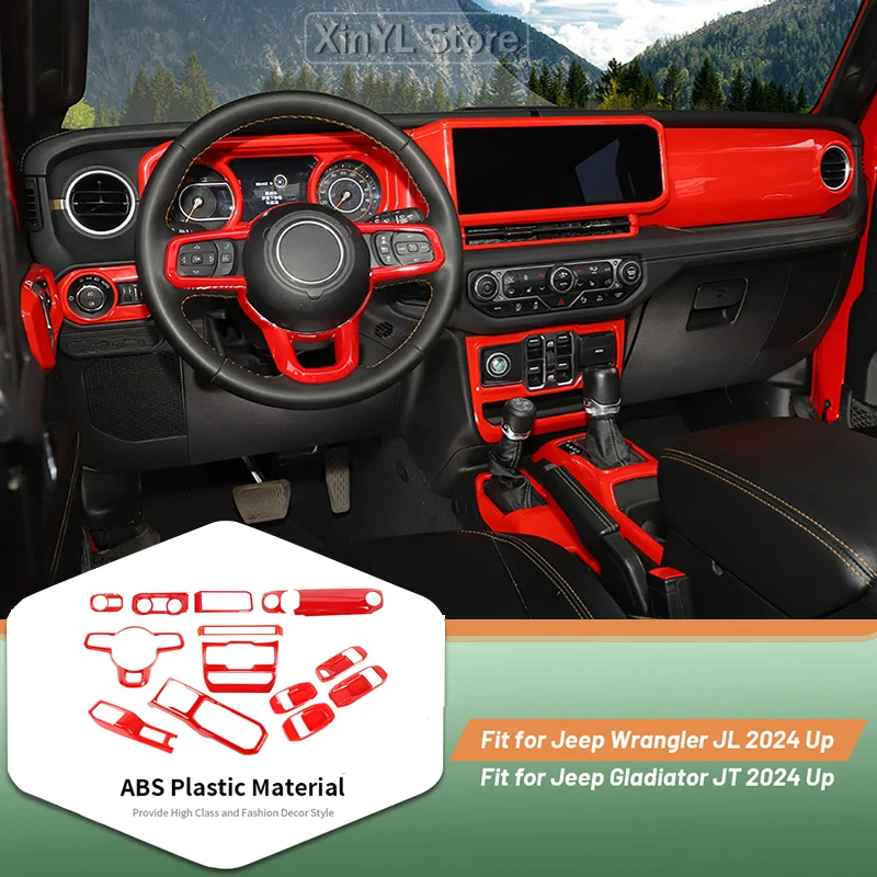 

14PC Car Centre Console Panel Cover Stickers Kit For Jeep Wrangler JL JT Gladiator 2024 Up Car Interior Accessories Red