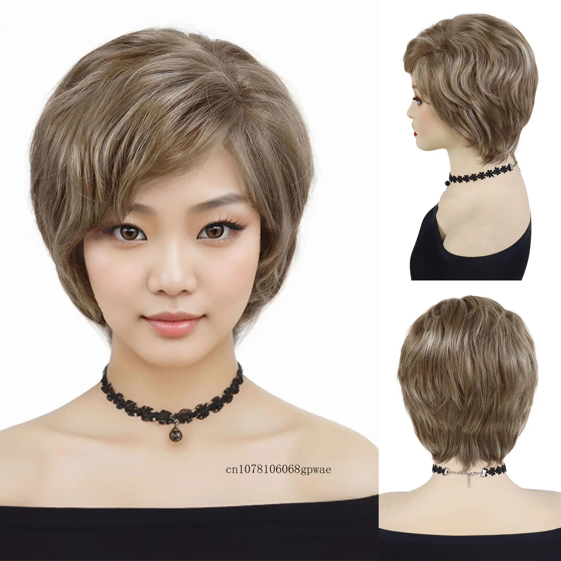 Womens Short Mix Brown Wig Synthetic Curly Wigs with Side Bangs for Lady Mommy Gifts Daily Party Costume Use Natural Looking