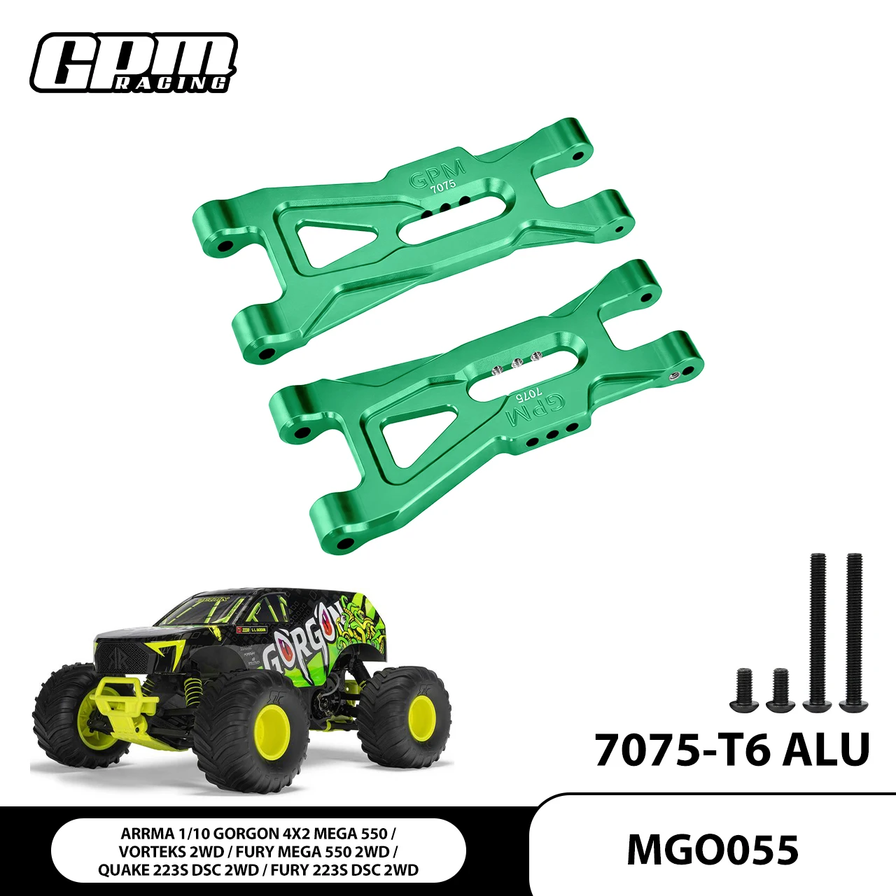 

GPM ALUMINUM 7075 FRONT LOWER SUSPENSION ARMS FOR ARRMA 1/10 GORGON 4X2 MEGA 550 / VORTEKS / FURY / QUAKE 223S DSC 2WD