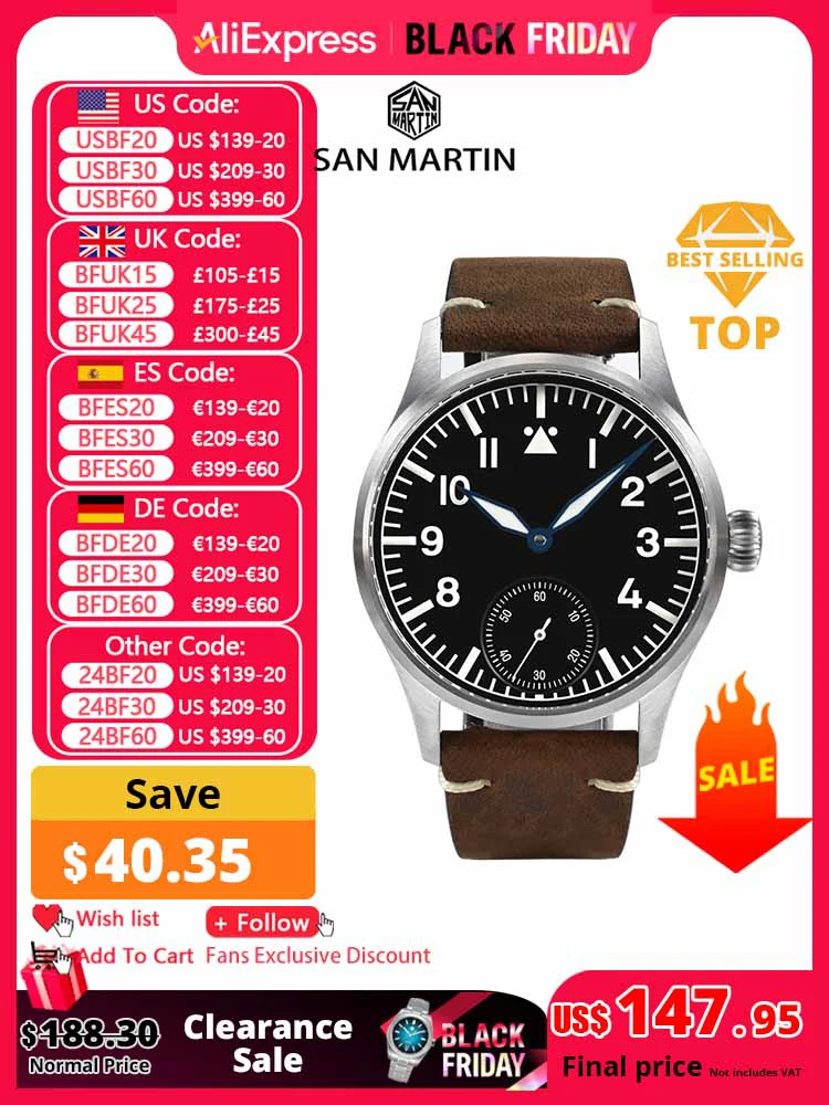 San Martin 41mm Stainless Steel Classic Pilot Watch ST3621 Manual Mechanical For Men Watches Simple Sapphire Waterproof 100m