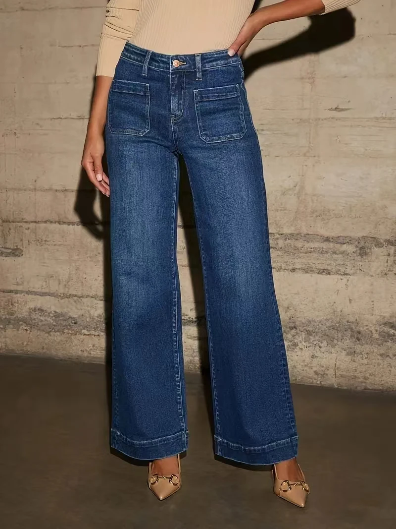 Deep Blue Straight-Leg Jeans with a Retro Square Pocket Design, Wide-Leg Pants Featuring Contrasting Topstitching and Rolled Hem