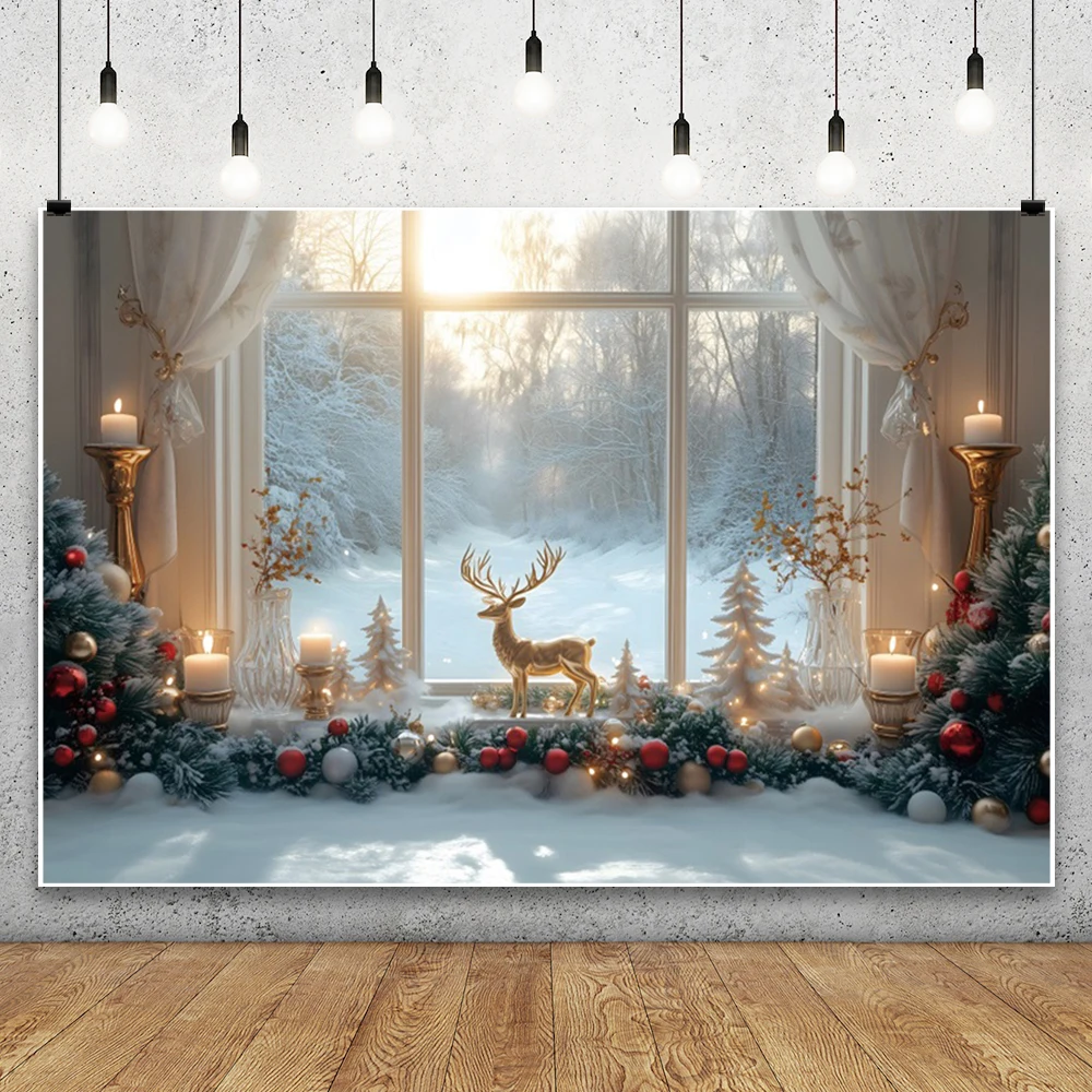 Winter Christmas Interior Backdrop Photography Xmas Fireplace White Christmas Tree Gifts Pine Trees Photo Background Photocall