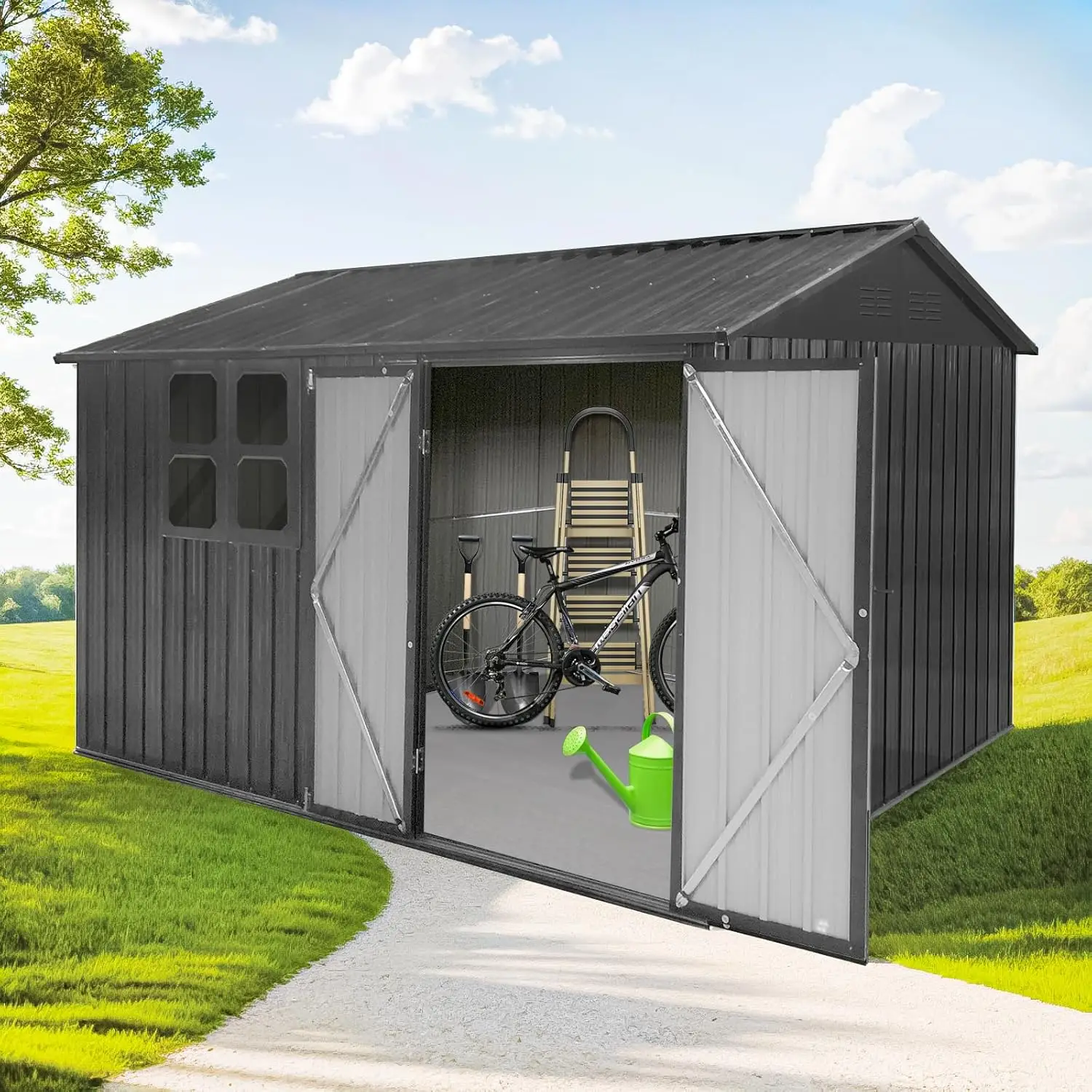 

Sheds with Window 10FT x 8FT Outdoor & Storage Clearance, Metal Anti-Corrosion Utility Tool House with Lockable Door & Shutter