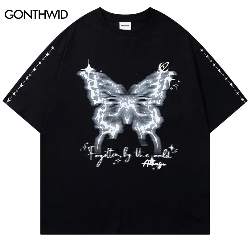 Harajuku Men T-Shirt Y2K Vintage Cartoon Butterfly Graphic Printed Short Sleeve Tshirt Hip Hop Punk Gothic Baggy Streetwear Tops