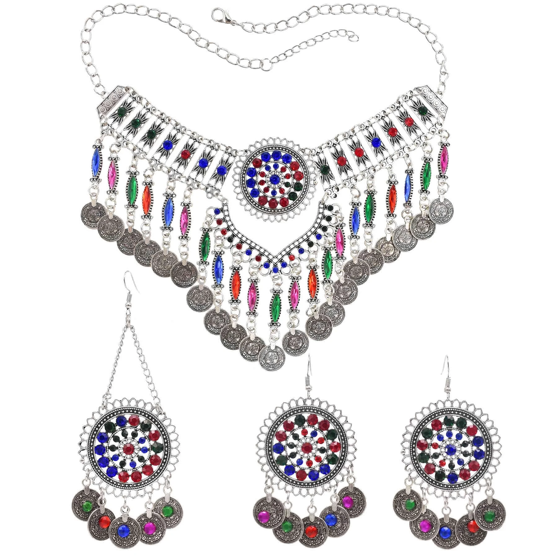 Afghan Colorful Crystal Coin Tassel Necklaces Earring Hair Clips Sets for Women Female Ethnic Wedding Party Gypsy Party Jewelry