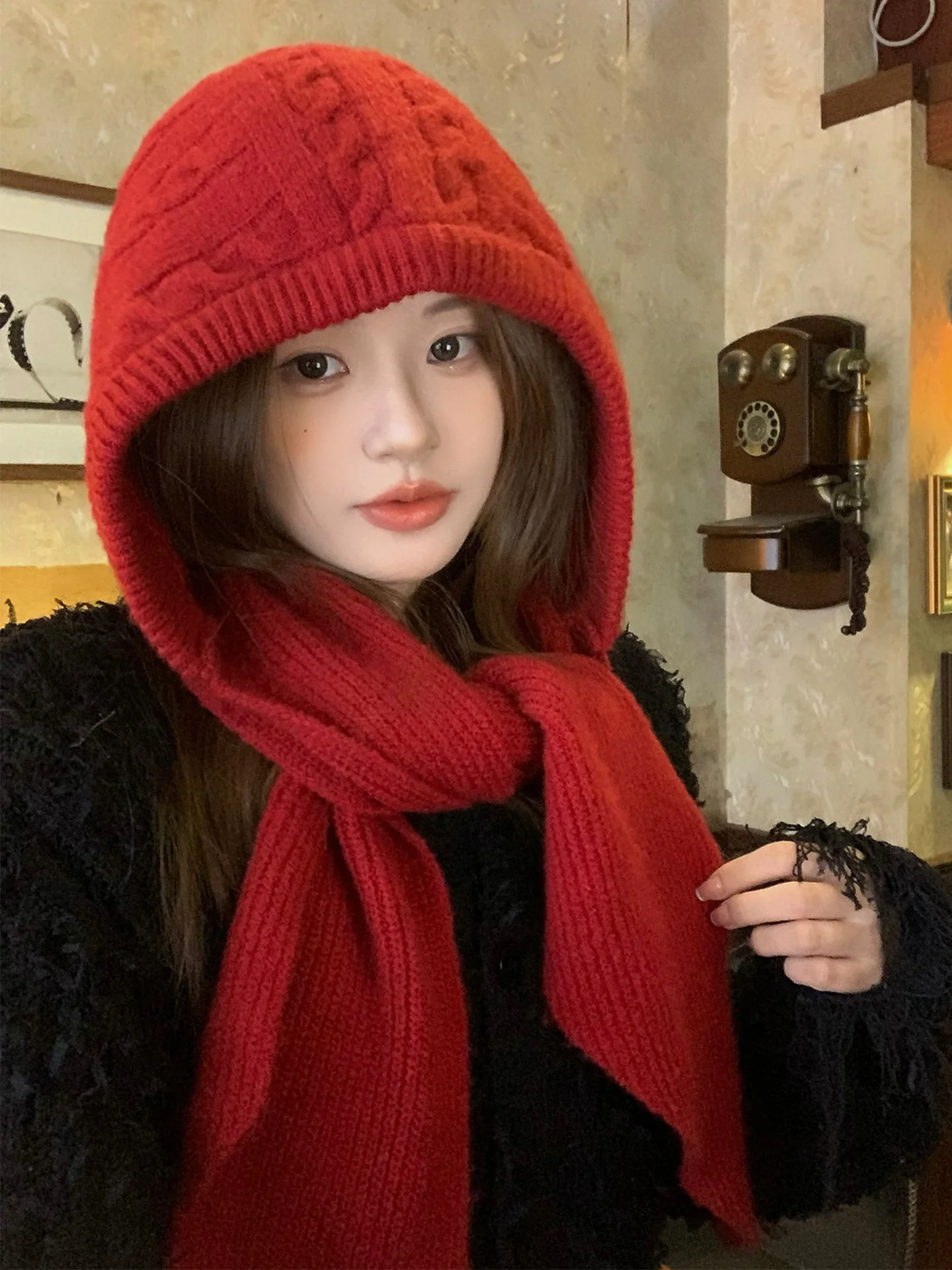 Red Balaclava Hat Women's Knitted Ear Protection Scarf Integrated Warmth Cold Resistance New 2026 Large Head Size Casual Style