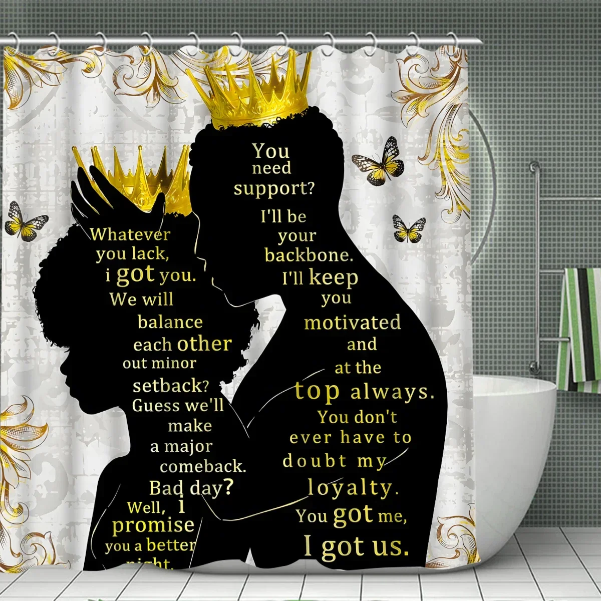 Black and White Diamond BathroomSet Creative Text Shower Curtain Non-Slip RugsToilet Seat Cover U-Shape MatUnique Bathroom Decor