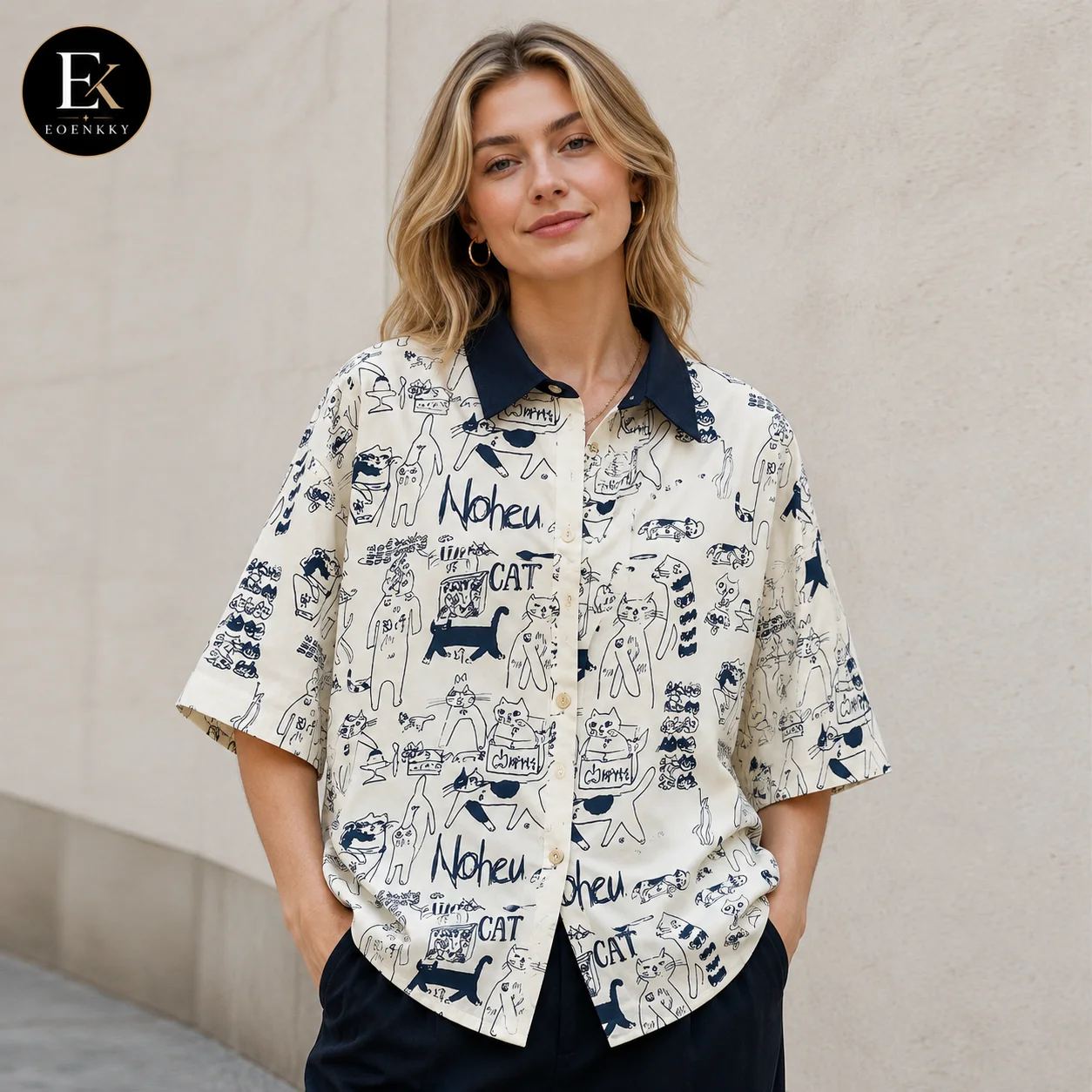 EOENKKY Women Cat Print Shirt Short Sleeve Button Down Blouse Loose Oversized Harajuku Summer Casual Korean Style Tops