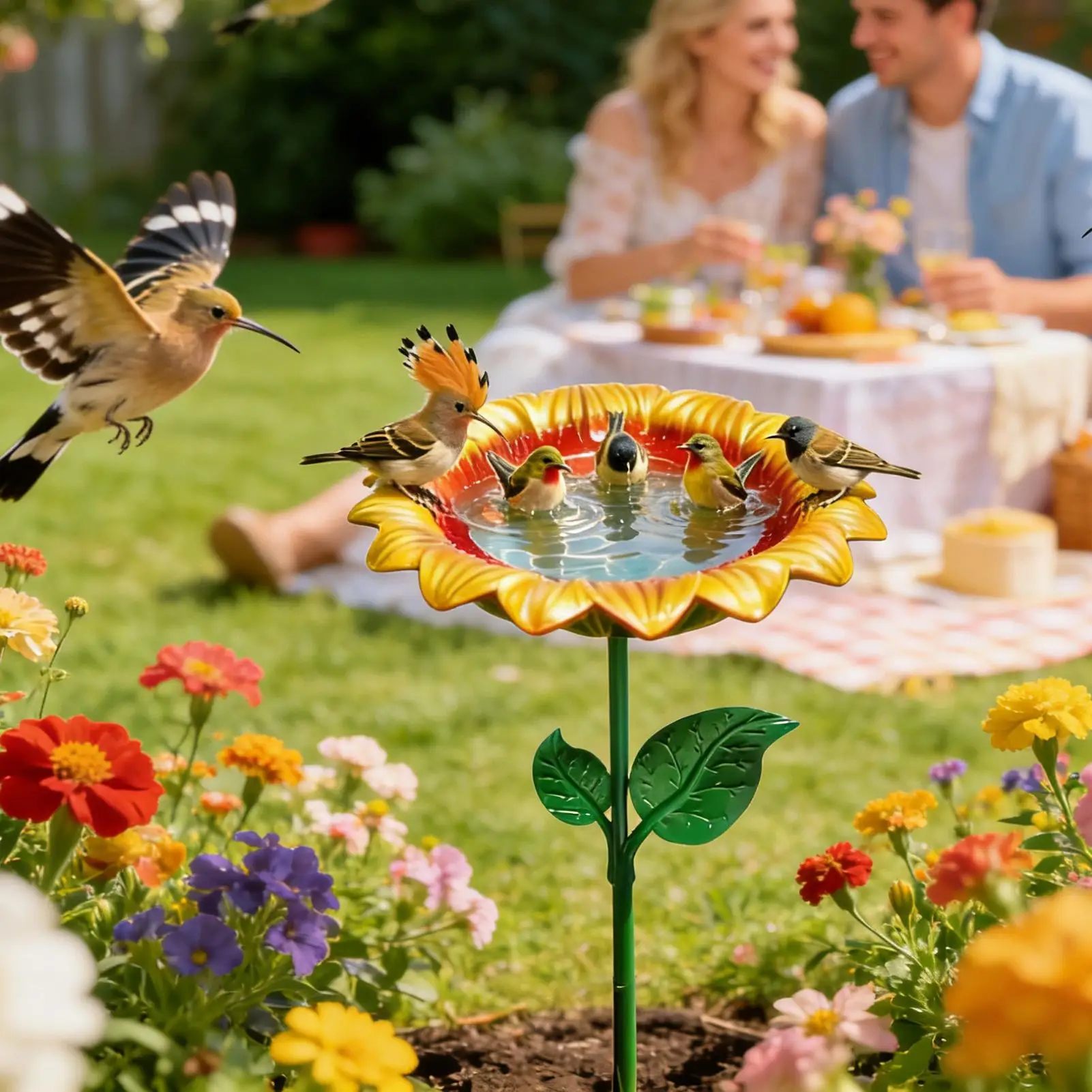 Outdoor Bird Bath Metal Sunflower Water Feeder Standing Bird Bath Decorative Bowl for Hummingbird Finch Chickadee Bee Butterfly