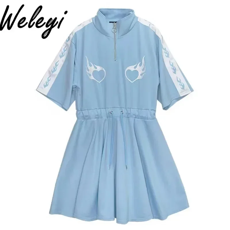 

Y2k Cute Dresses Woman 2024 Summer Fashion New Subculture Flame Embroidery Half Sleeve Sports Style School Uniform Sweater Dress