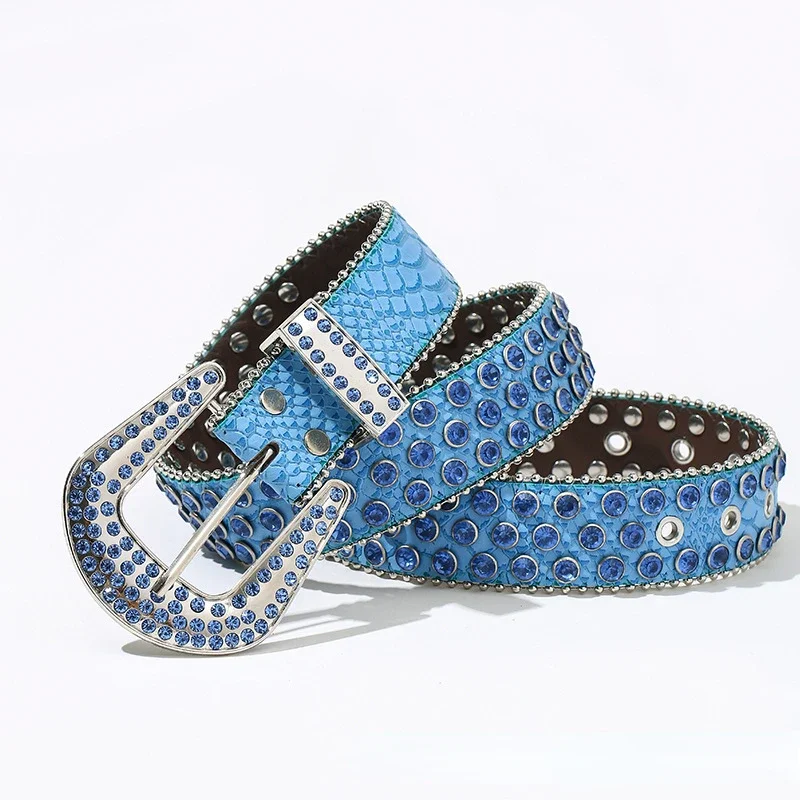 

Luxury Rhinestone Personality Belt for Women Fashion Punk Style Blue Pin Buckle Clothing Accessories Drilling Designer bb Belt