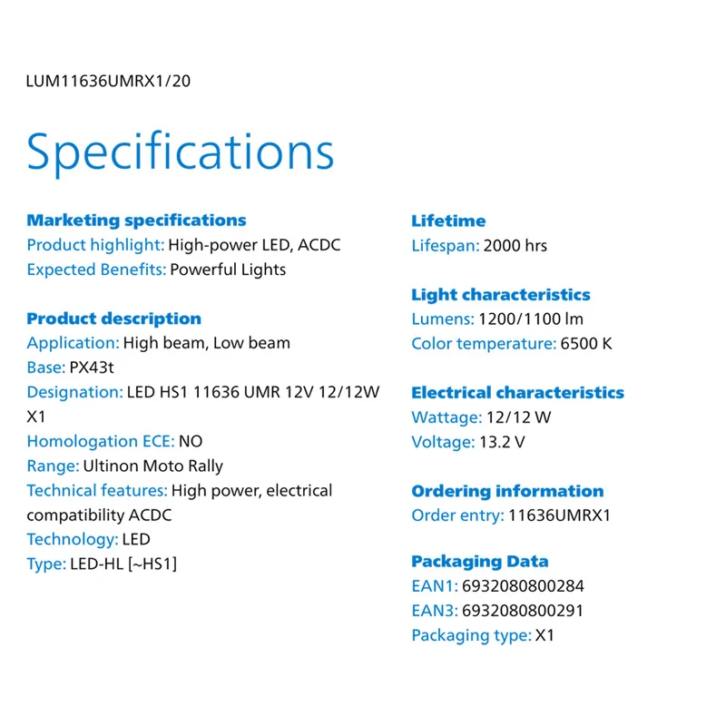 فيليبس Ultinon موتو رالي HS1 LED المصباح التيار المتناوب/تيار مستمر 6500K مشرق الأبيض LED مصباح دراجة نارية عالية منخفضة شعاع PX43t لمبة 11636UMRX1