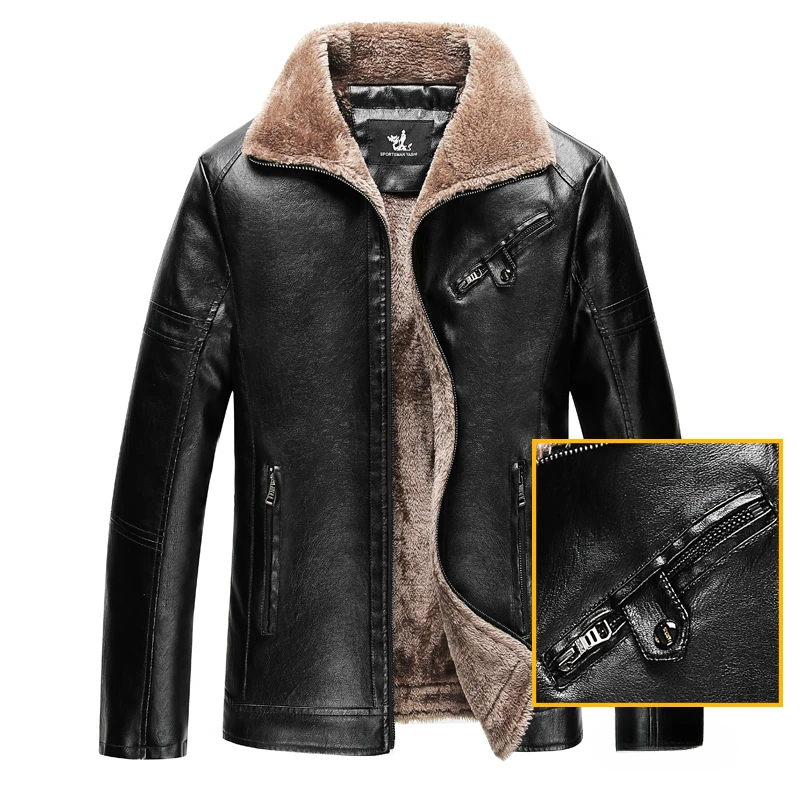 

Men's Winter Leather Clothing New Solid Color Chest Zipper Pocket Design Casual Business Lapel Coat Men's Fur Collar Warm Jacket