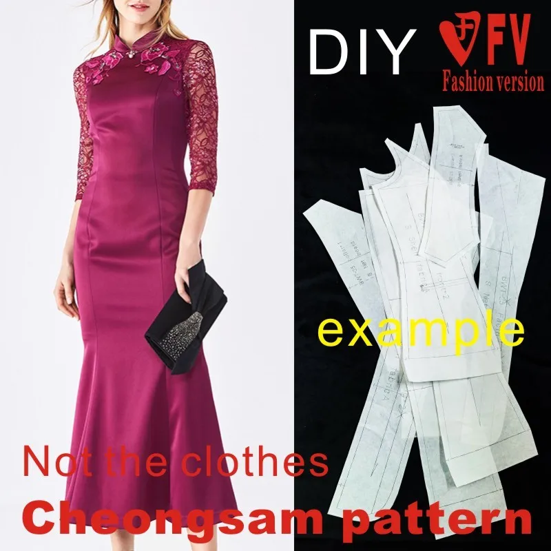 Improved Cheongsam Lace Slim Dress Pattern Cutting Design Drawing 1:1 Garment Pattern BQP-60