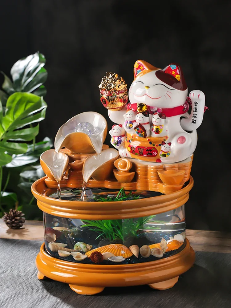 Flowing Water Glass Fish Tank Living Room Landscape Fountain Feng Shui Waving Cat Ceramic 1