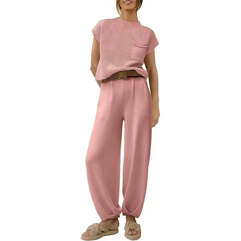 Autumn Solid Color Trousers Suit For Women Fashion Sports Style Short-sleeved Top High Waist Trousers Two-piece Women Streetwear