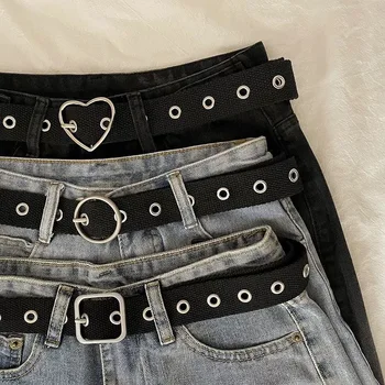 Perforowany czarny płócienny pasek studencki unisex, cały dżins, metalowy, przedłużony pasek z wycięciem i hipsterskim paskiem