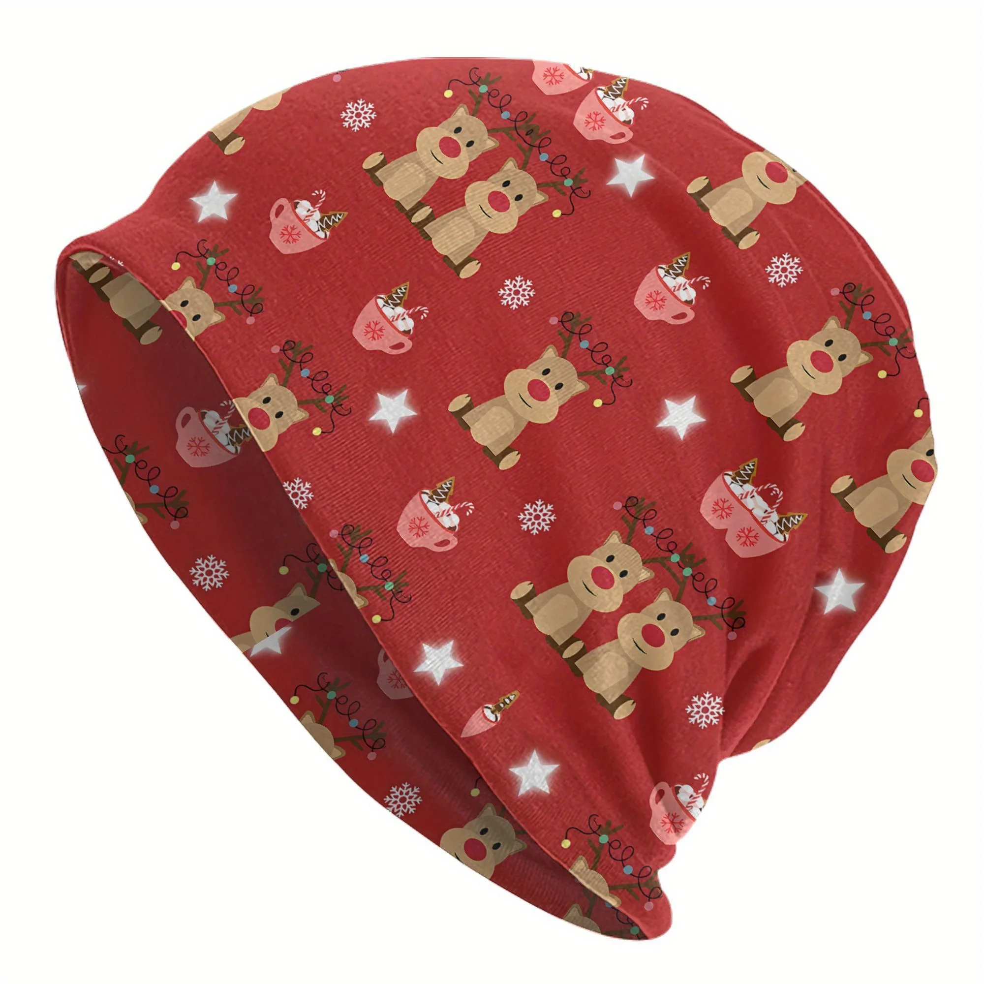 Festive Reindeer Beanie Cap for Men Cozy Knit Winter Hat with Snowflake and Holly Design, Fashionable Red Polyester