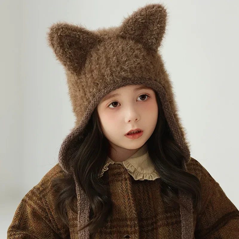 

New Winter Kids Knitted Hat for Girls Boys Cartoon Warm Cat Ears Children Beanie Cap Plush Warm Child Bonnet Hats Bonnets