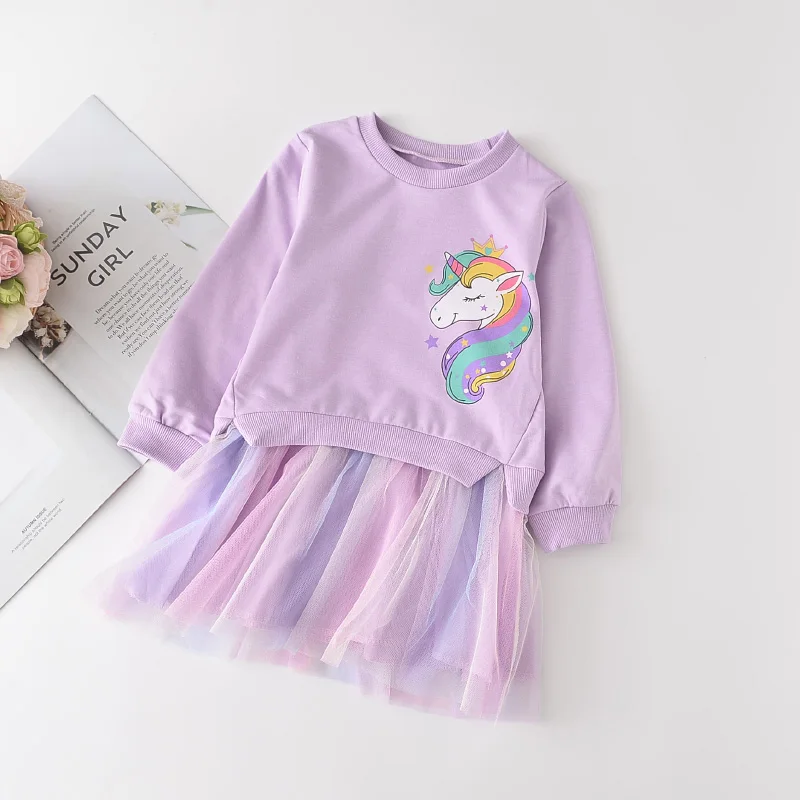 Menoea Girl Spring Cartoon Dress 2023 Autumn Style Cute Vestido Full Sleeve Unicorn Patchwork Kids Mesh Dresses Princess Clothes