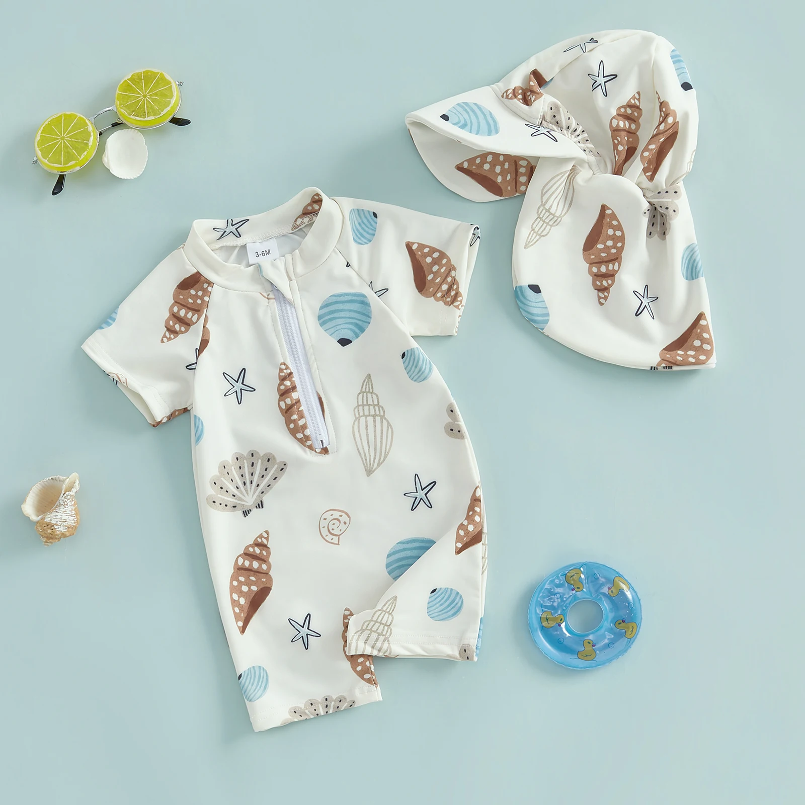 Toddler Boys Rash Guard Swimsuit Playsuits Seashell Print Zipper Short Sleeve Sun Protection Bathing Suit with Swim Cap