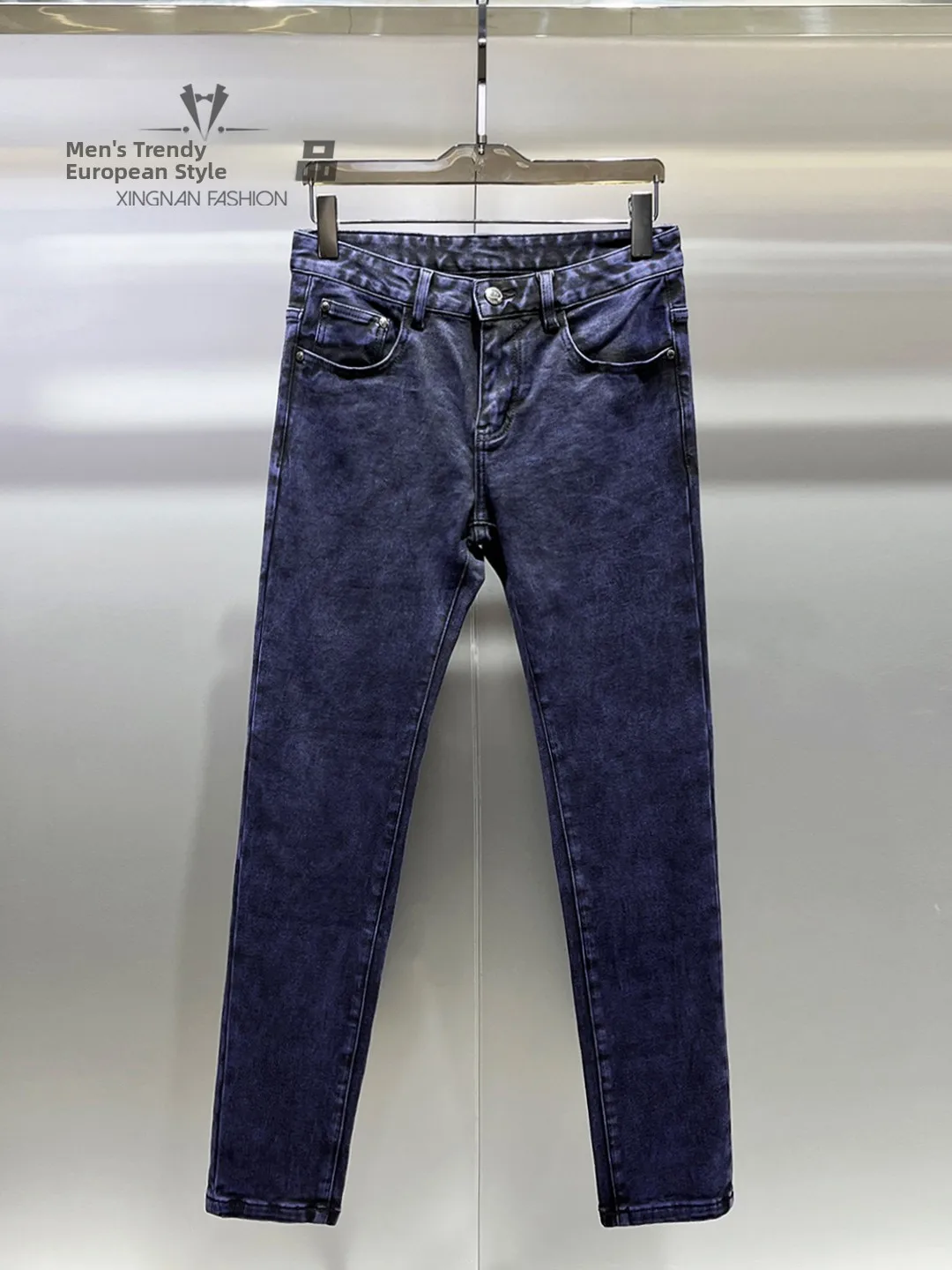 

Trendy Winter Men's Fce Lined Slim Fit Jeans Elastic Comfortable Sli Casual Straight Leg Pants Polyester Cotton Blend