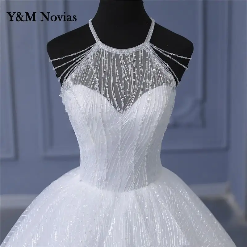 Y & m Novias Real Photo koronka w stylu Vintage suknie ślubne z koralikami Halter Neck suknia ślubna Sexy tanie suknie ślubne Sweetheart Princess