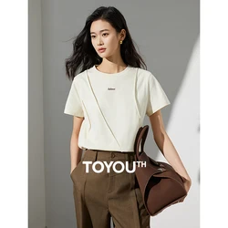 TOYOUTH Women Line Structural Sense T-shirt 2024 Summer Round Neck Casual Cotton Top