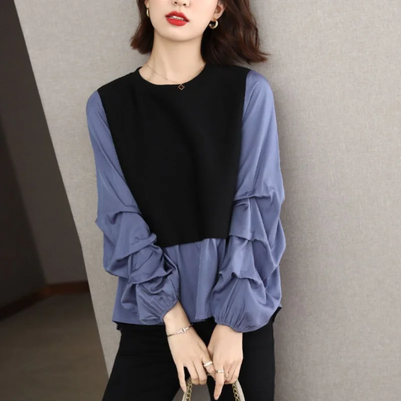 Casual Temperament Women\'s Top 2023 Autumn and Winter Fashionable New Folds Round Neck Long Sleeved Solid Color Pullover Shirt