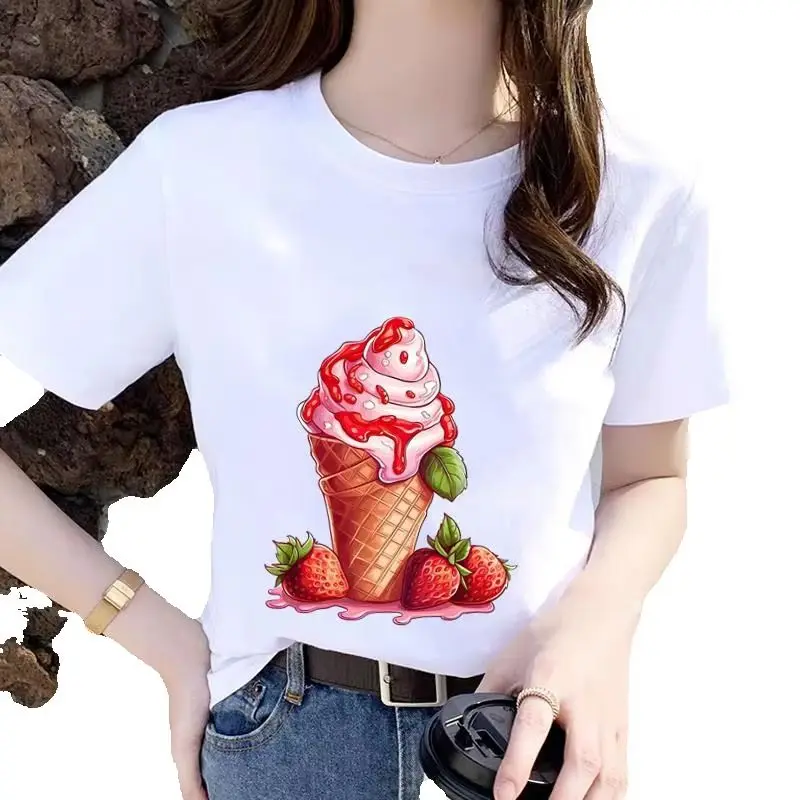 Cute Stylish Women's Short-Sleeved Round-Neck T-Shirt Summer Print Polyester Fabric Commuter Fashion Female Clothing