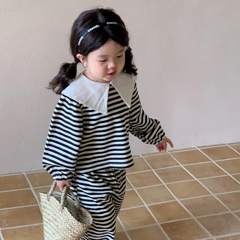 Children's Clothing Autumn Set Girls' Simple Striped Polo Top+Striped Casual Pants Two Piece Set 2023