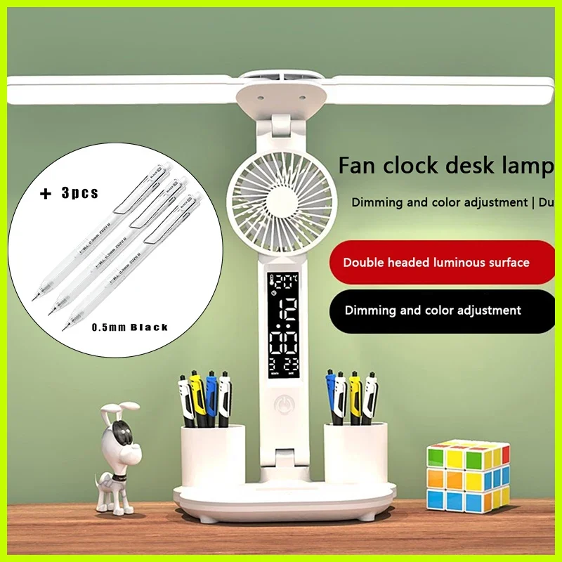 

Double-headed LED Table Lamp Touch Foldable Touch With Fan Calendar Clock USB Desk Lamp For Bedroom Bedside Reading Light