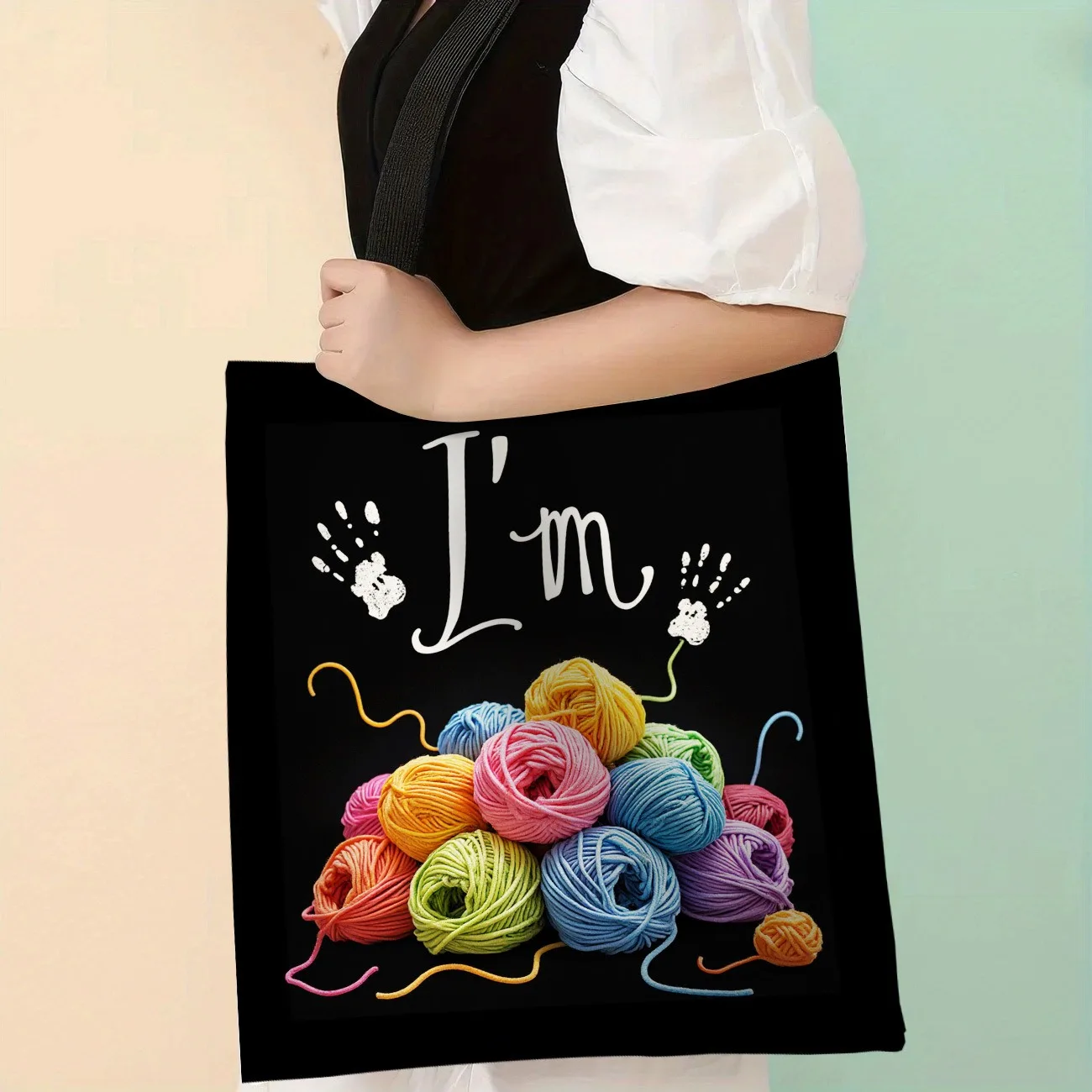 Women's Knitting Crochet Craft Tote Bag 2D Print Design with Yarn Balls, Needles & Tools Durable Polyester Casual Shoulder Bag