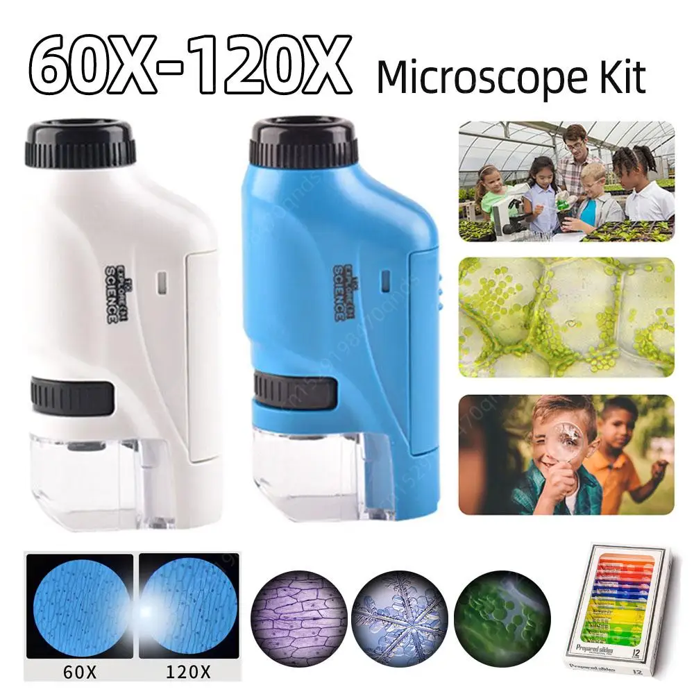 Handheld Microscope Kit Electric 60x-120x Adjustable Zoom Wheel with LED Light for Kids Children Science Lab Educational Toy