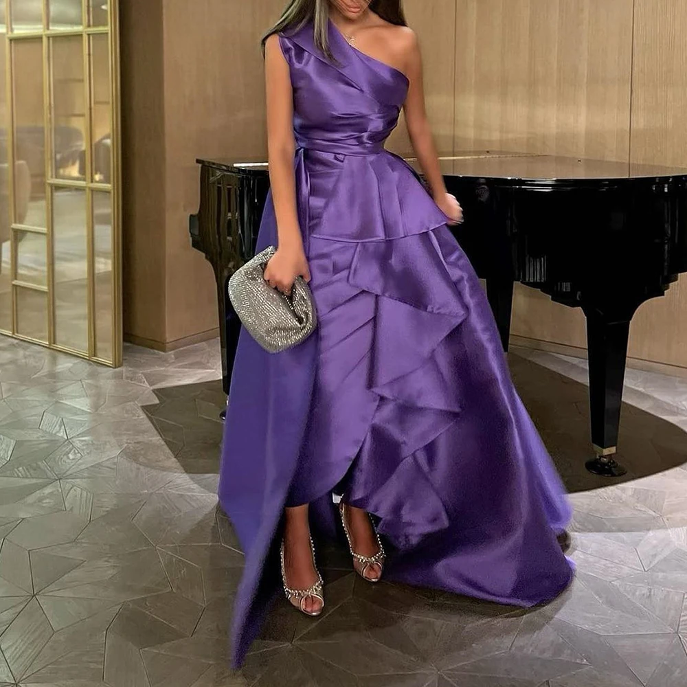 

High Quality One Shoulder Satin Evening Dresses Temperament A-Line Floor Length Sleeveless Court Train Bespoke Occasion Gowns