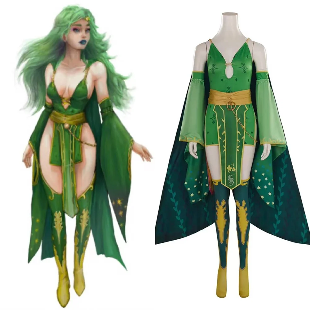 Gioco FF xxiv Rydia Costume Cosplay vestito verde Sexy con mantello Halloween Carnival Outfit