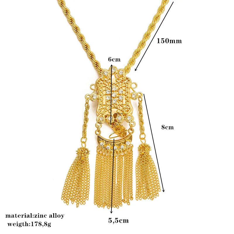 Gold Color Wedding Bride Crystal Necklace with Thick Tassel Sweater Chain for Arab Caftan Jewelry Accessory image 6