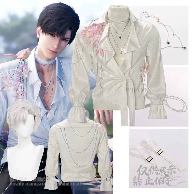 

Anime Game Genshin Impact Spring White Tops Shirt Props Necklace Full Fancy Outfits Wigs Unisex Halloween Adult Party Customized