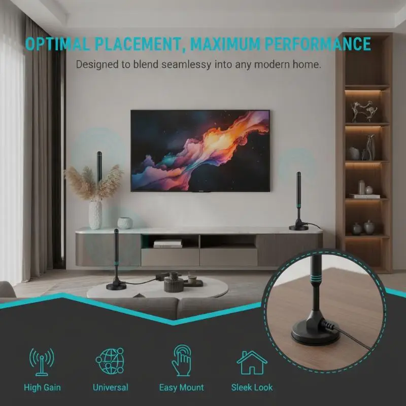 4K HD TV Antenna Magnetic Base 480 Miles Long Reception Range VHF UHF DVB T2 for Home Camping RV Use