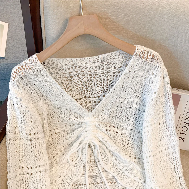 Drawstring Front Pointelle Knit Top Long Sleeve Crop Sweater Pullovers Women Spring Summer Cover Up Vacation Beach Outfit