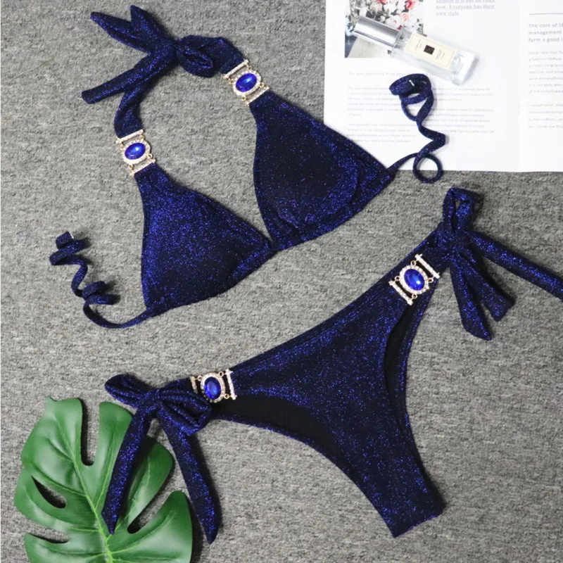 Bikini azul con diamantes de imitación para mujer, bañador Sexy de Color liso, traje de baño femenino con realce, ropa de playa, 2023