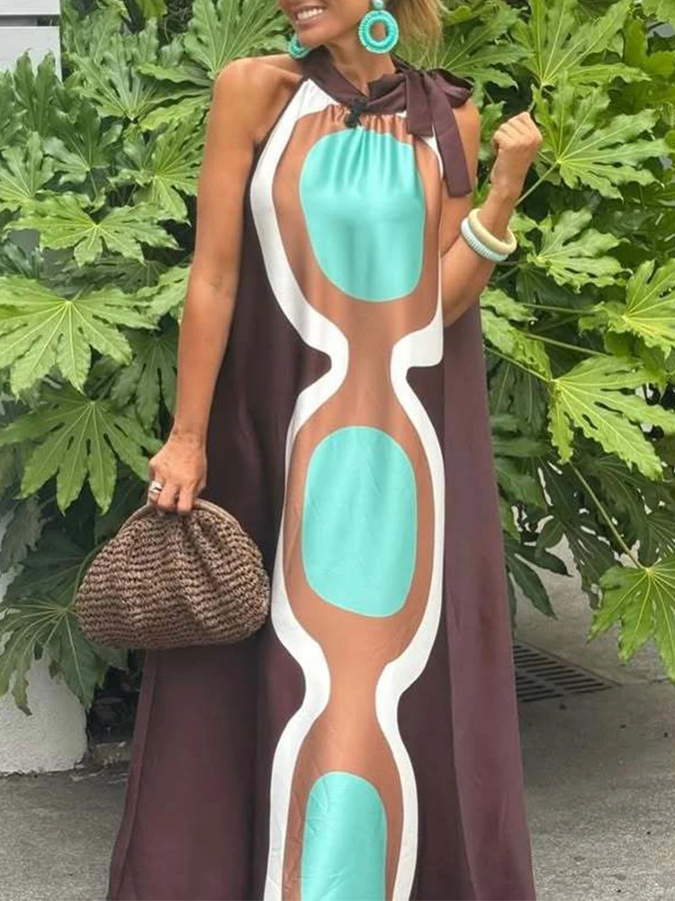 Moda padrão impresso bohe vestido longo verão elegante o pescoço rendas vestido de férias feminino casual sem mangas solto vestido de festa