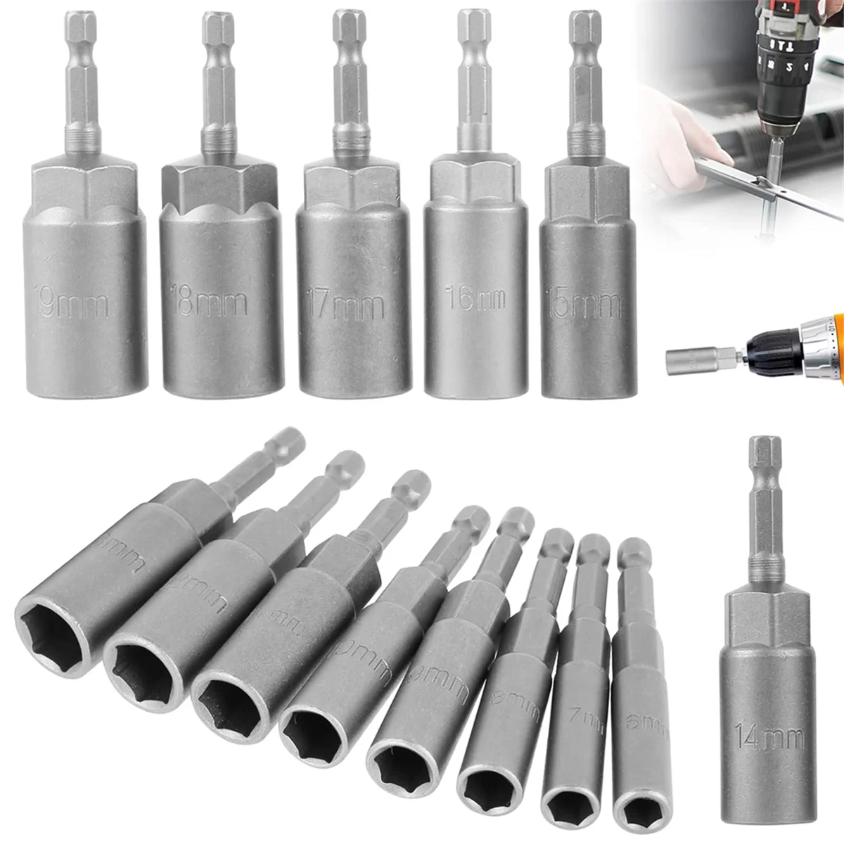 14Pcs Hexagonal Sockets Set, 6-19mm Deep Socket Adapter Kit Hex Shank Nut Driver Bits Set Quick Change Nut Setter